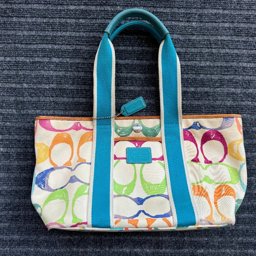 Coach Signature "C" Large Hampton Canvas Tote- Watercolor Rainbow